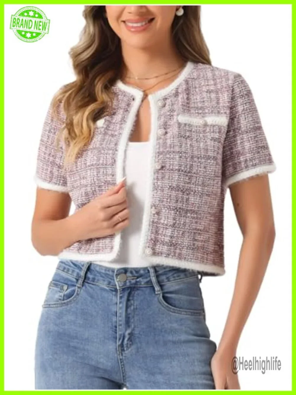 Short Sleeve Tweed Cropped Cardigan with Pearl Buttons